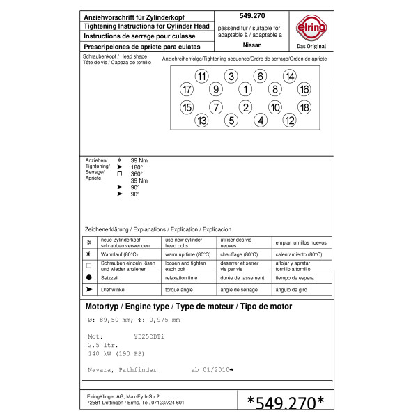 JOINT DE CULASSE ELRING YD25 APRES 01 2010 3 CRANS  0.975 MM NET HT