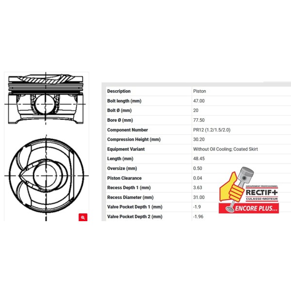 PISTONS EP6 STD 155 HP LOT DE 4 NET HT ø 77 SEGMENT 1.2/1.5/2