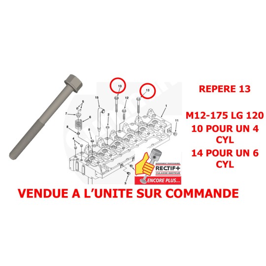 VIS DE CULASSE ADAPTABLE CUMMINS 4B 6B M12.175 LG 120 NET HT 3920779 3920780 3920781