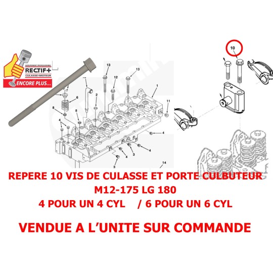 VIS DE CULASSE ADAPTABLE CULBUTEUR CUMMINS 4B 6B M12.175 LG 180 NET HT 3920779 3920780 3920781