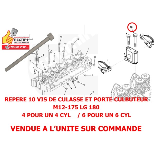 VIS DE CULASSE ADAPTABLE CULBUTEUR CUMMINS 4B 6B M12.175 LG 180 NET HT 3920779 3920780 3920781