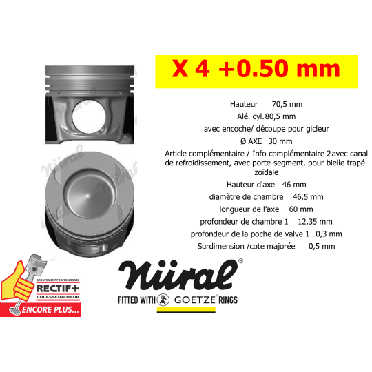 Lot de 4 pistons Nural cote réparation +0.50 mm pour moteur Renault R9M 1.6 dCi et Mercedes OM622 8742490700