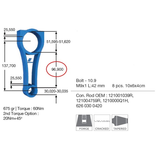 BIELLE R9M 96.90 mm ADAPTABLE NET HT SANS TROU DE GRAISSAGE