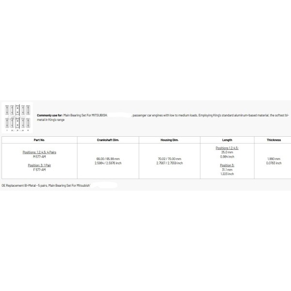COUSSINETS DE LIGNES A JOUES KING BEARINGS 4D56 NET HT AVANT 2003