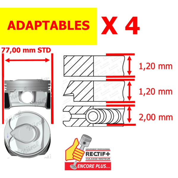 LOT DE 4 PISTONS COMPLETS  STD ADAPT EP6 5FY EP6DTS NET HT