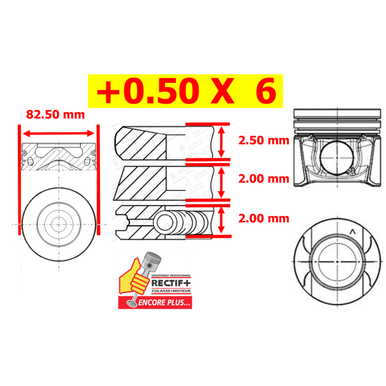 6 PISTONS COMPLETS ADAPTABLES +0.50  POUR  MOTEUR RENAULT NISSAN INFINITI V9X / V9X791 / V9X891  8200945509B D35208 4182050