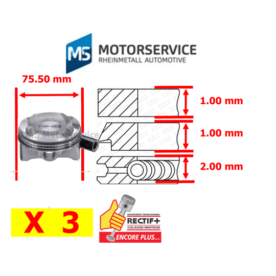 LOT DE 3 PISTONS KS COMPLETS COTE +0.50mm REP MOTEUR HMM HMR EB2FAS EB2FA PM0147450 D12XE F12XE F12XEL EB2FAD HMH