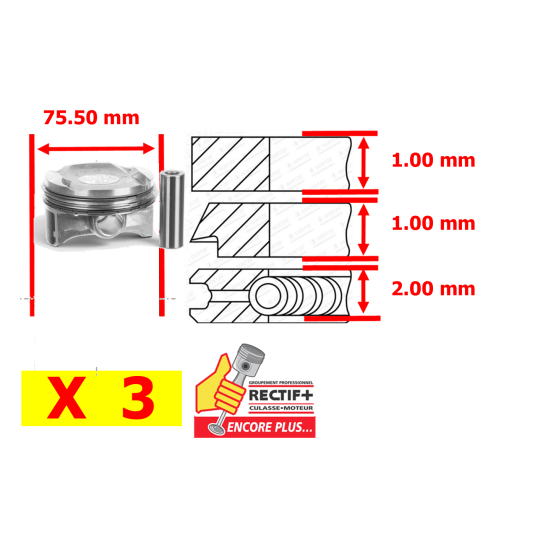 LOT DE 3 PISTONS ADAP COMPLETS COTE +0.50mm REP MOTEUR HMM HMR EB2FAS EB2FA PM0147450 D12XE F12XE F12XEL EB2FAD HMH