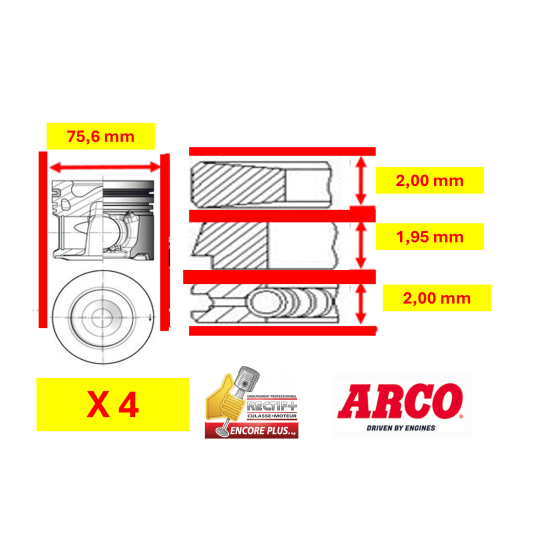 LOT DE 4 PISTONS COMPLETS ARCO DV6 +0.60 mm NET HT 41792610  P5344A060 PK148050