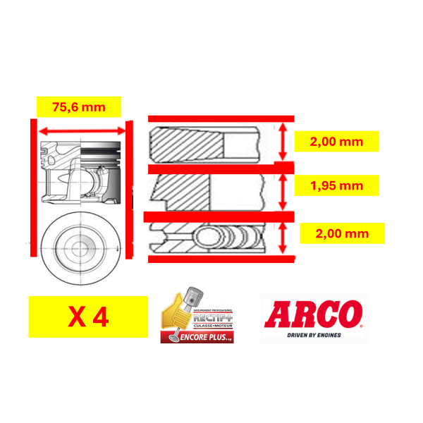 LOT DE 4 PISTONS COMPLETS ARCO DV6 +0.60 mm NET HT 41792610  P5344A060 PK148050